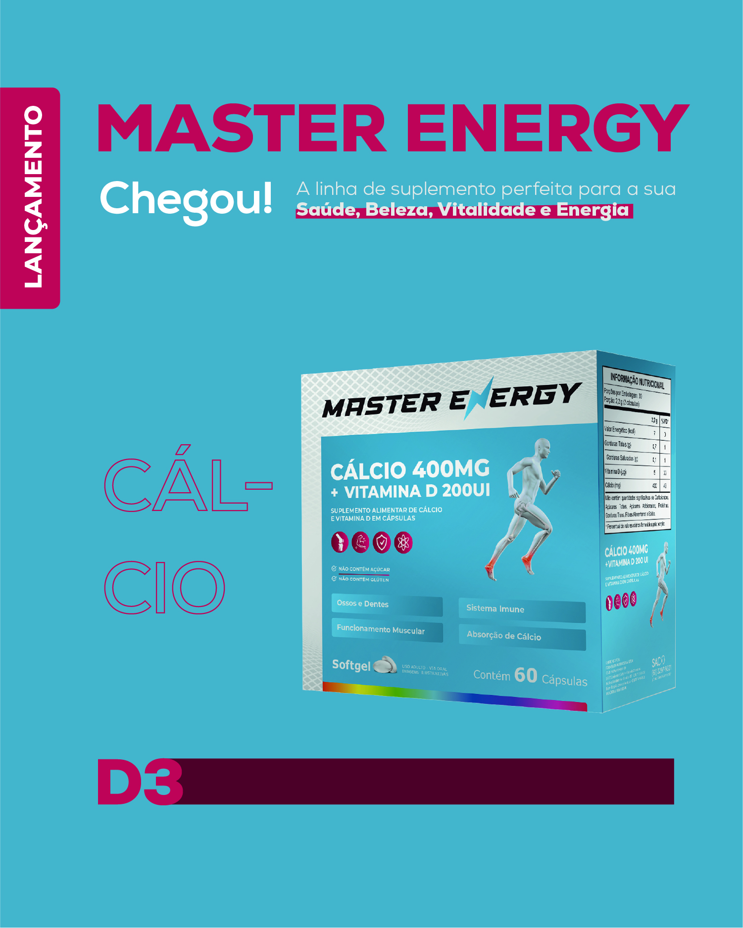 MASTER ENERGY CÁLCIO D3 60 CÁPSULAS SOFTGEL